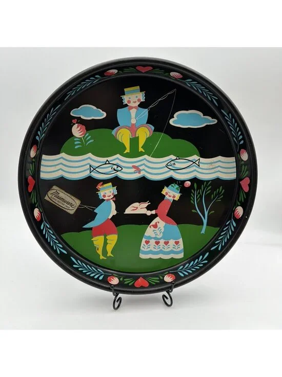 Masonware Serving Tray 1960s Pennsylvania Dutch Fishing MCM Decor 13” W/Tag