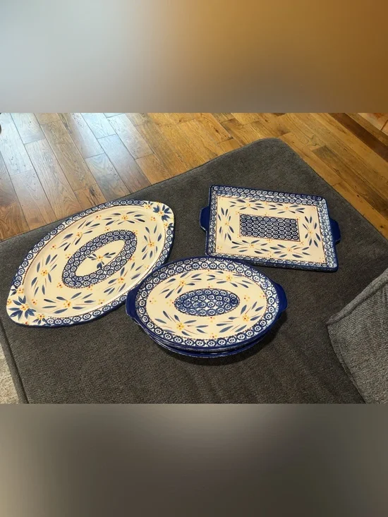 Temp-Tations Blue and White Old World Floral Ceramic Serving Platters Casserole