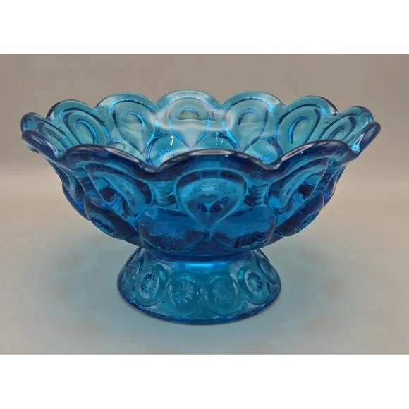 Vintage Bowl Turquoise/Blue L.E. Smith Scalloped  Pedestal 'Moon & Stars' (#21)‎