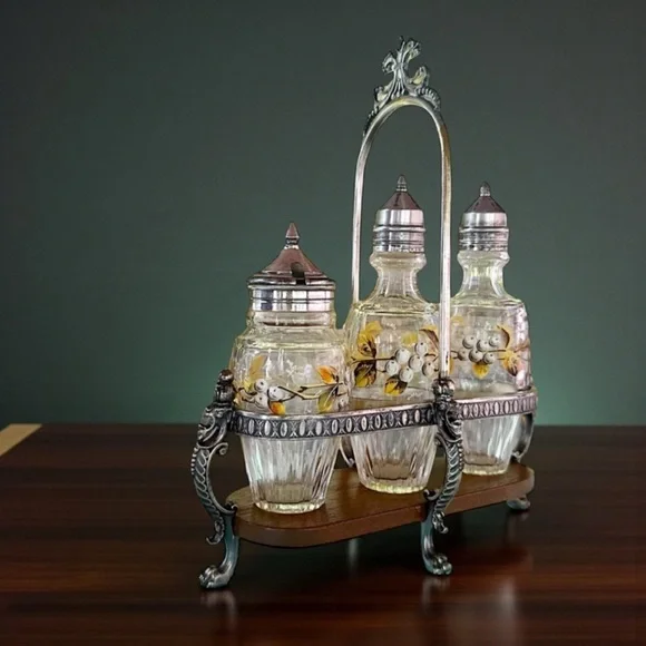 Antique Victorian Floral Cruet Set Hand Painted Glass Oil & Vinegar