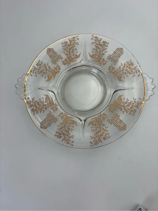Vintage 1930s Paden Glass Serving Platter with Golden Gilt Decorations
