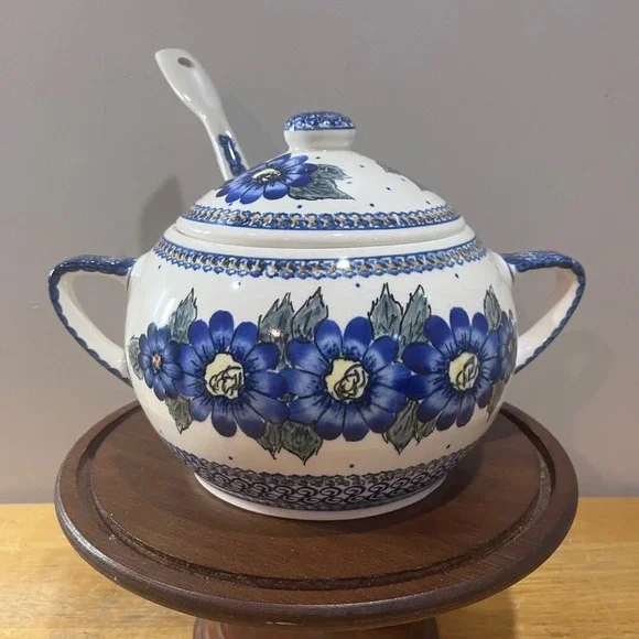 Vtg Polish Pottery Blue Floral Soup Tureen Set with Lid and Ladle Hand Painted