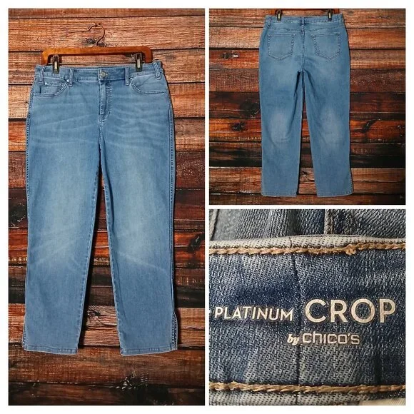 Chicos Jeans Size 1 US 8 The Platinum Crop Slit Ankle High Rise Blue Denim