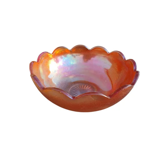 Vintage Jeannette Glass Carnival Crackle Glass Bowl Marigold Scalloped Edge 7
