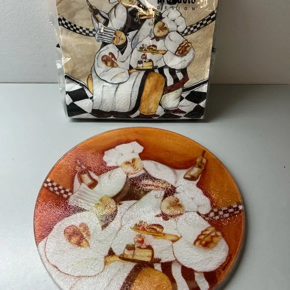 Fat Chef-Themed glass trivet, 8” and luncheon napkins