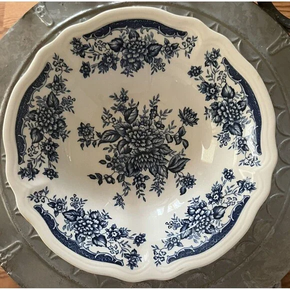 Ironstone‎ Blue Carnation Serving Bowl Vintage Blue White Stoneware Farm Cottage