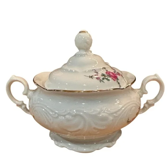 Wawel Vintage Porcelain Floral Sugar Bowl with Lid Gold Trim Pink Roses Embossed