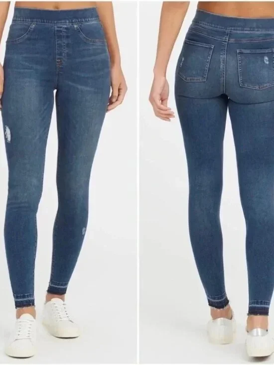 SPANX Dark Wash Distressed Pull-On Jeggings