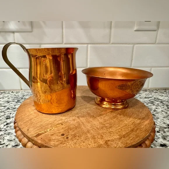 Vintage Copper & Brass Creamer and Bowl‎ Set