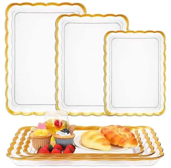 3-Piece Set Gold Wave Edge Rectangular Plastic Serving‎ Trays