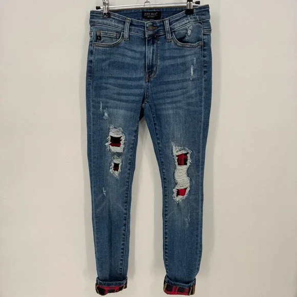 Judy Blue Distressed Skinny Jeans‎ Red Plaid Patches Cuffed Womens Size 3 26