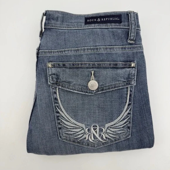 Rock & Republic Kendall Jeans Women's‎ Size 12 Straight Leg Embroidered Pockets