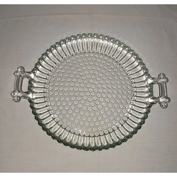 VTG Hobnail Jeannette Glass Clear Round Depression Serving Tray w/Handles 9.5