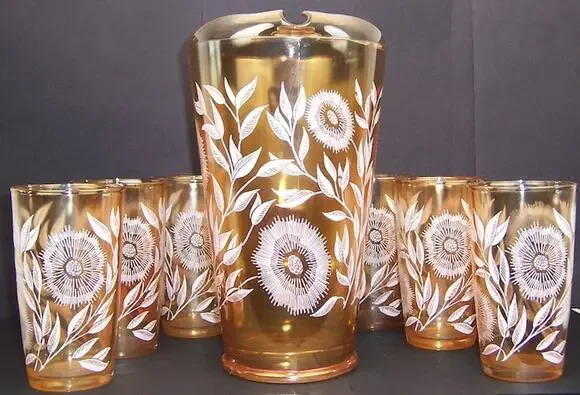 Vintage Jeannette Marigold Carnival Glass Cosmos Pitcher 6 Tumbler Set 1950s