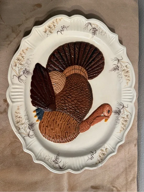 Ceramic Turkey Platter - Brown & Cream Decorative Serving Plate