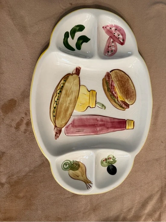 Hand-Painted Ceramic Divided Serving Platter in White with Multicolor Food Motif
