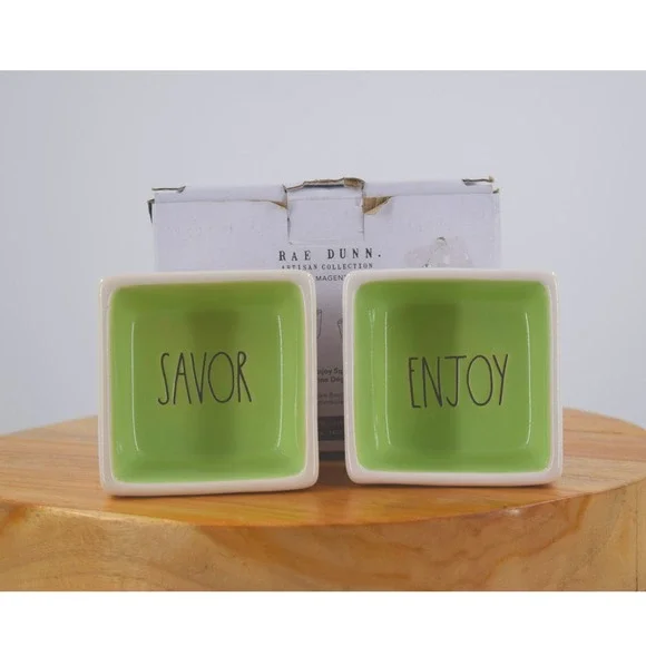 Rae Dunn Artisan Collection Savor Enjoy‎ Square Dipping Bowls Set