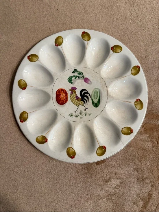 Vintage Rooster Deviled Egg Platter with Olive Motif