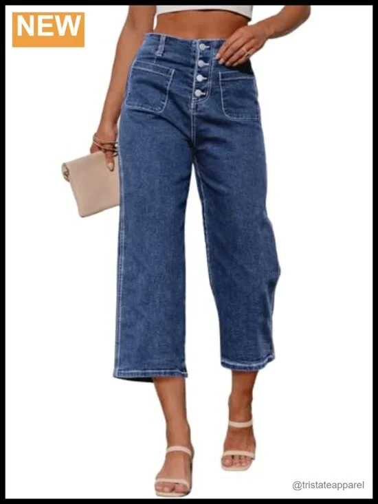 High Waisted Wide Leg Capri Jeans Stretchy Loose Cropped Denim Pants