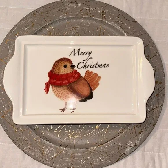 Valori Home Ceramic “Merry Christmas” Winter Bird Red Scarf Serving Dish Tray
