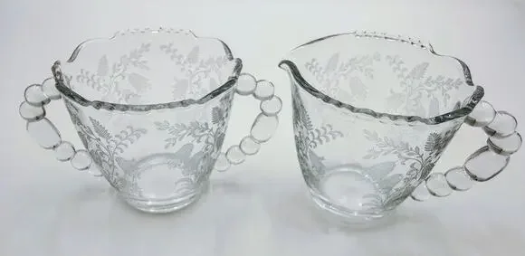 Vintage Tiffin Cherokee Rose Etched Glass Creamer & Sugar Set
