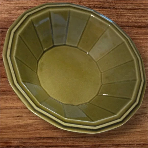 Vintage Olive Green Octagon Ribbed Stoneware‎ Serving Bowl 9
