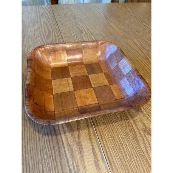 Vintage 1970s Bamboo Serving Bowl  platter Parquet Woven Wood Square 11” salad