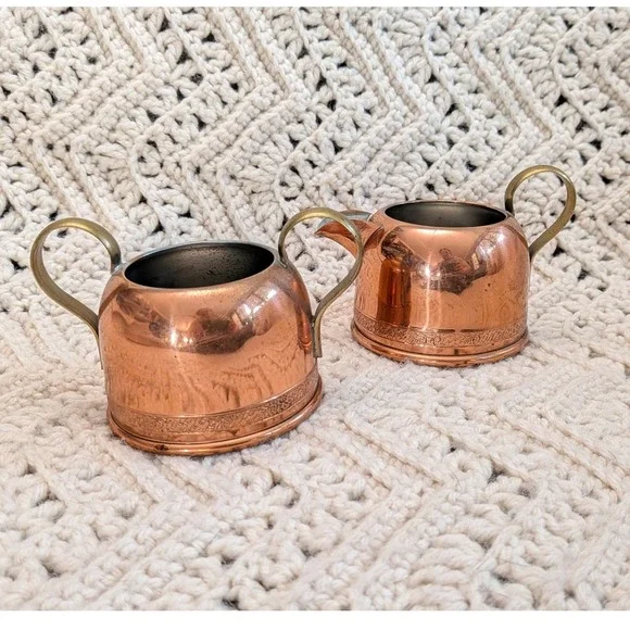 Vintage Copper Cream and Sugar Set Brass Handles‎ Etched Detail 2.5 inch