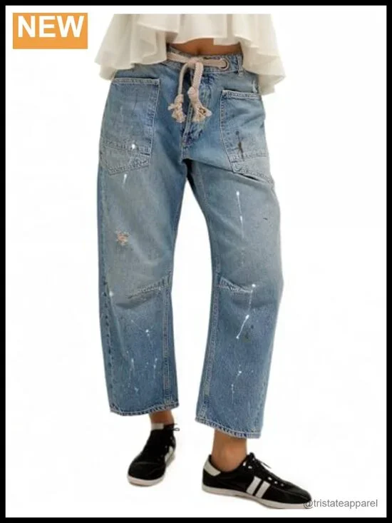 Pull-On Barrel Jeans Mid-Low Rise Boyfriend Drawstring Ankle Baggy Elastic