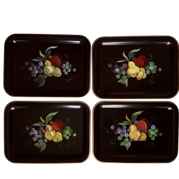 Vintage Tole Painted Metal Lap/Serving Tray set of‎ 4 ~17.5
