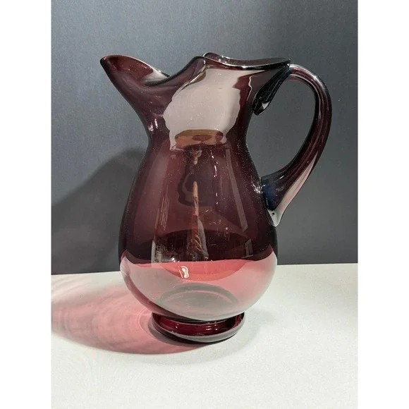 Amethyst Purple Hand Blown Glass‎ Pitcher Tri-Corner Ruffled Rim Vintage Plum