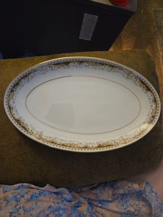 Queen Anne Signature Collection fine china oval platter featuring a green & gold