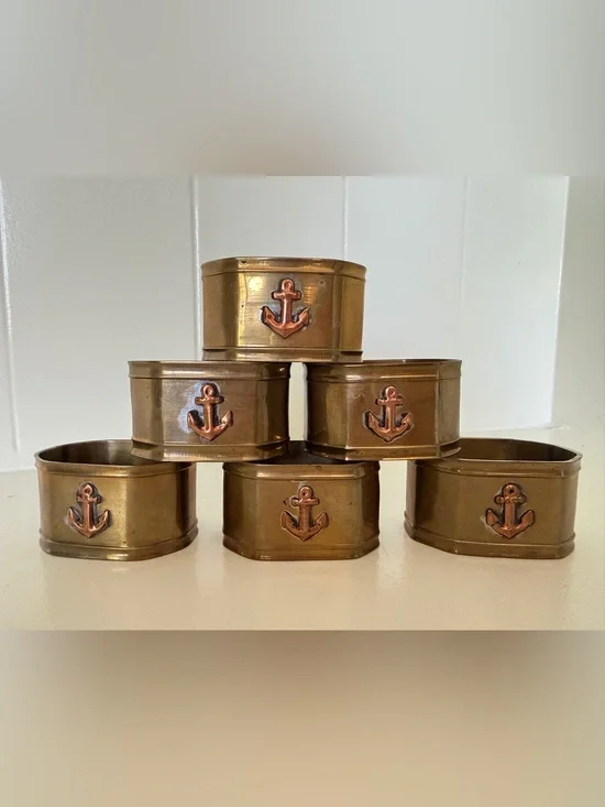 Vintage Brass Copper Anchor‎ Napkin Rings Set of 6 Nautical Coastal