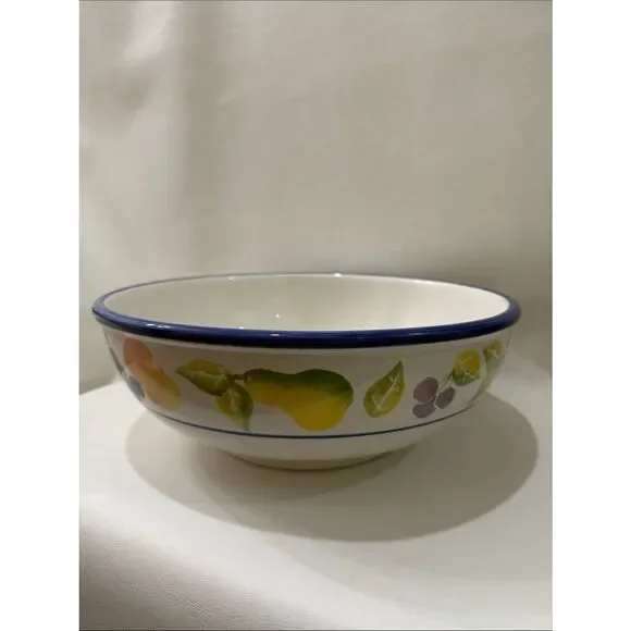 Furio Italy Pasta Serving Bowl Large 1 Gallon 12 X 4 1/4 Ceramic Blue Rim Fruit