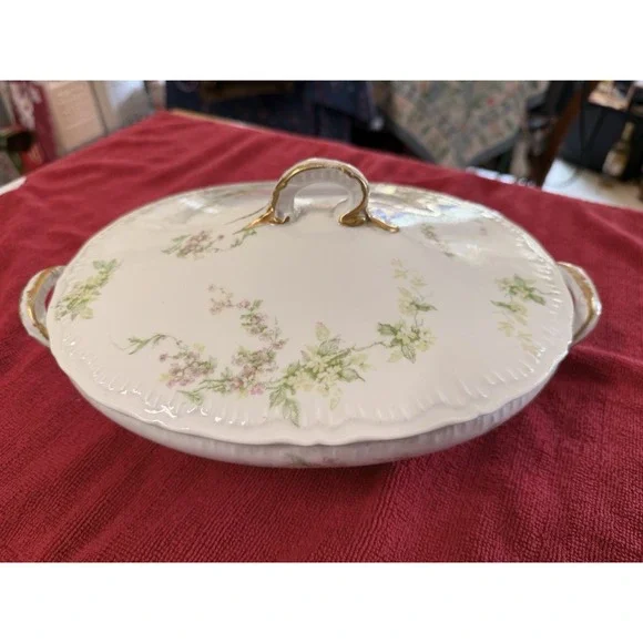 Antique Haviland Limoges Covered Serving Vegetable Dish Roses Gold Trim 11.5