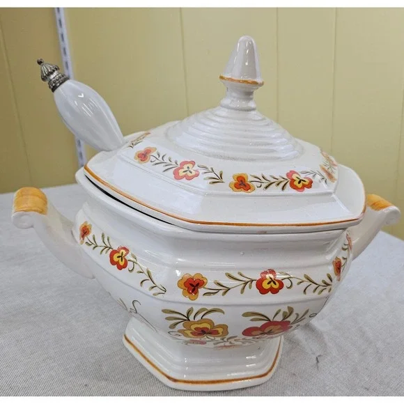 National Silver Co Vintage Ceramic Soup Tureen Lid Godinger Ladle Japan Floral