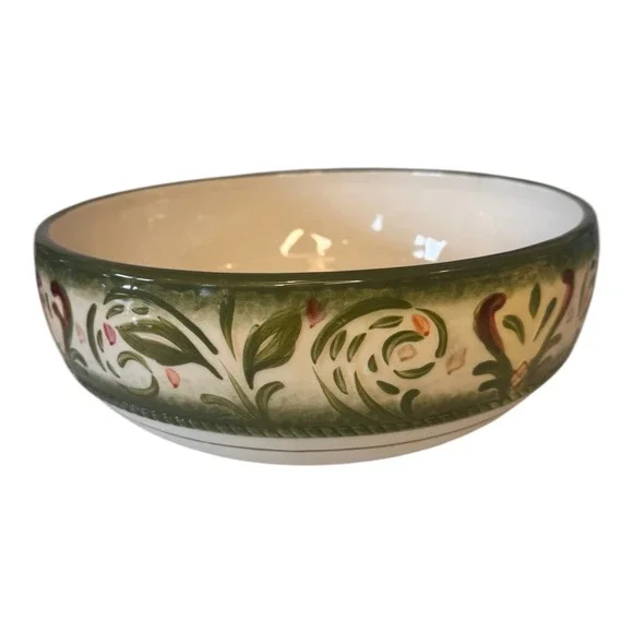 Fitz and Floyd Giardino Serving‎ Bowl Handcrafted Ceramic Green Floral Round 9in