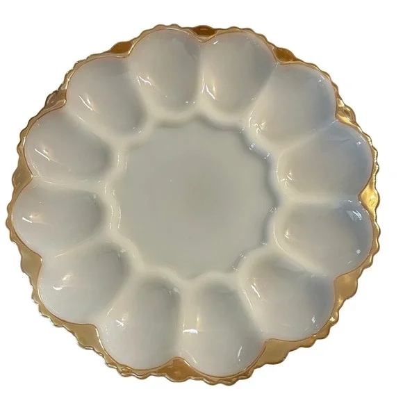 VTG Milk Glass Deviled Egg Plate Gold Trim Scalloped Edge‎ 12 Slot Platter 10in