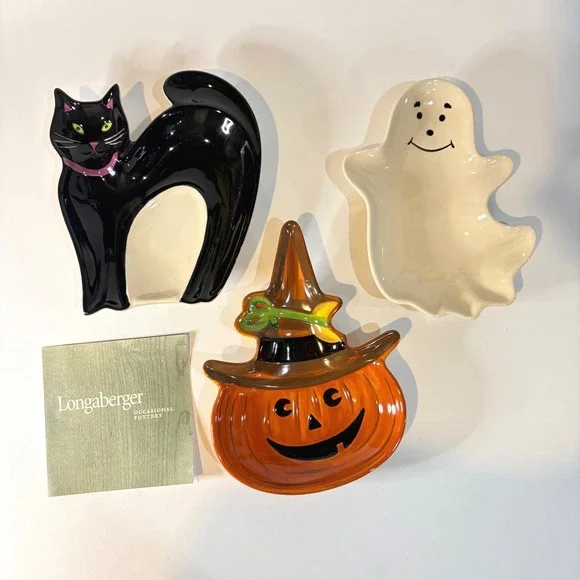 Longaberger Pottery Halloween Party Treat Dishes Set of 3 Cat Ghost Pumpkin