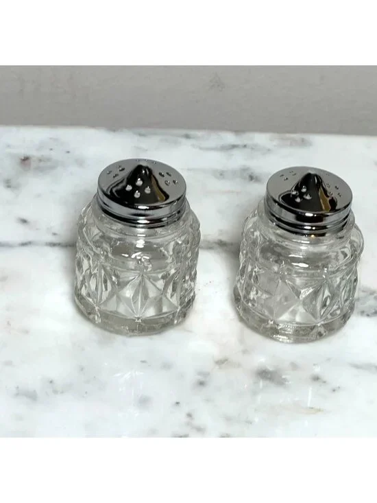 Vintage Glass Salt & Pepper Shakers With Metal Lids Starburst Pattern 3 Inches