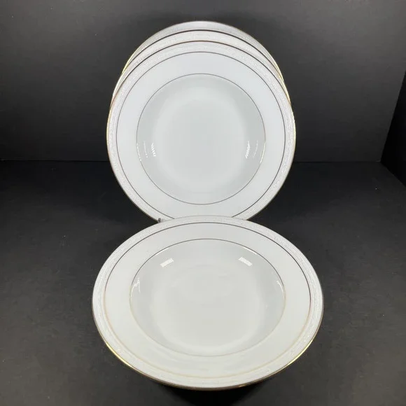 4-Noritake LOCKLEIGH 4061 White Scapes Gold Soup 8.75