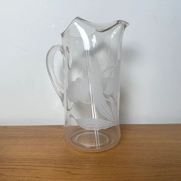 Vintage Frosted‎ Glass Floral Tulip Lily Water Pitcher Clear Handled Carafe