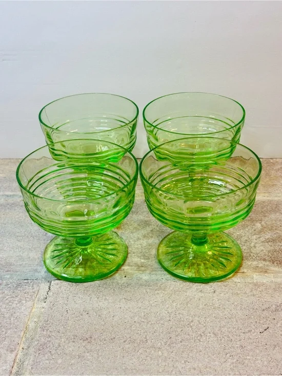 Vintage Anchor Hocking Uranium “Vaseline” Glass Footed Sherbet (set of 4)
