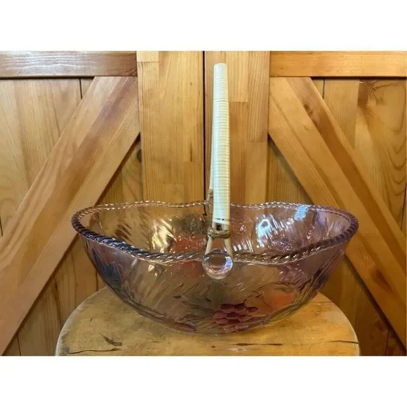 ADERIA Vintage Glass Fruit Bowl Basket Has Handle Color Purple Pink Green Grapes