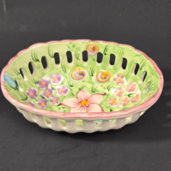 Vestal Hand Painted Alcobaca Portugal Ceramic Floral Reticulated Oval Bowl 9422