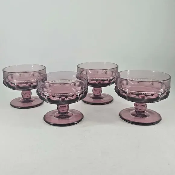 4 MCM Indiana Glass Kings Crown Thumbprint Plum Amethyst Sherbet Compotes