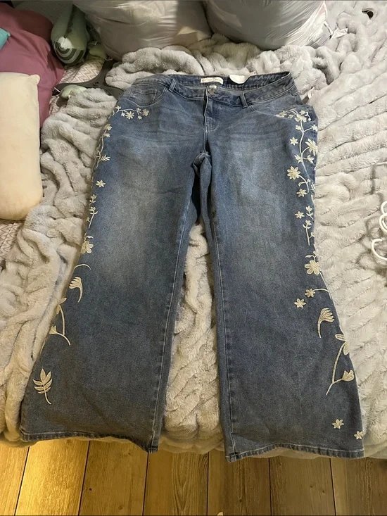 Blue Flare Jeans with Cream Floral Embroidery