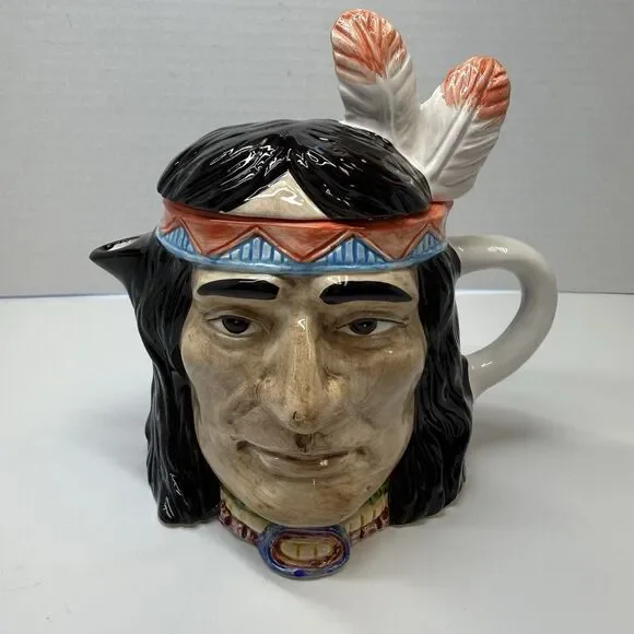 Vintage North American Indian Face Painted Ceramic Lidded Jug Jar Pitcher
