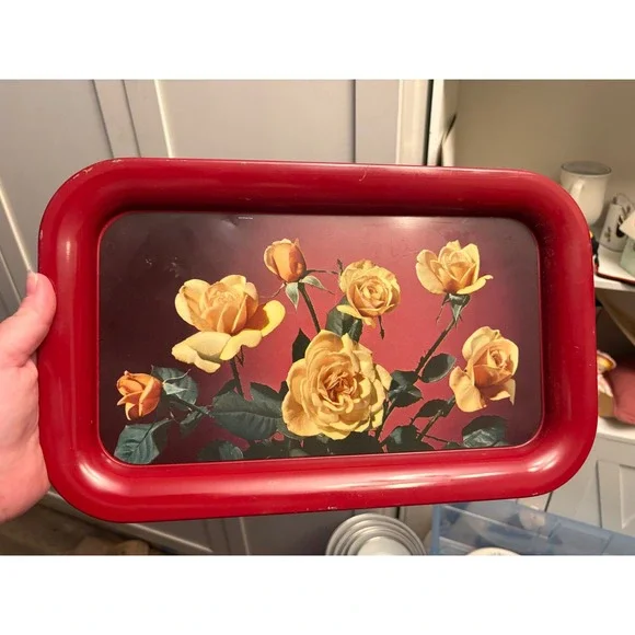 Vintage Metal Serving Tray Yellow Roses Floral Red Rim Rectangular Tin Toleware