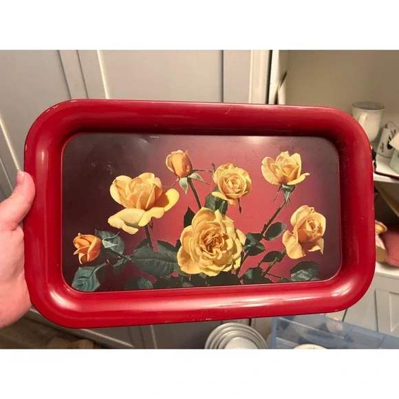 Vintage Metal Serving Tray Yellow Roses Floral Red Rim Rectangular Tin Toleware